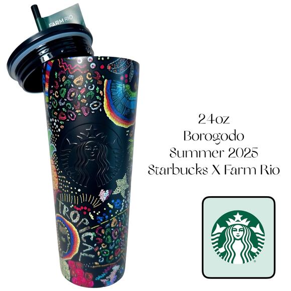 NEW STARBUCKS x FARM RIO 24oz Cold Tumbler Black Tropical Rainbow Art LE 2025 - Picture 1 of 9